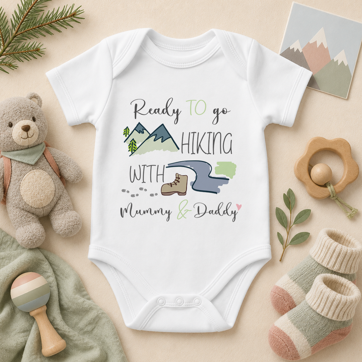 Ready To Go Hiking With Mummy and Daddy Baby Vest Bodysuit, Watercolour Mountain Boot