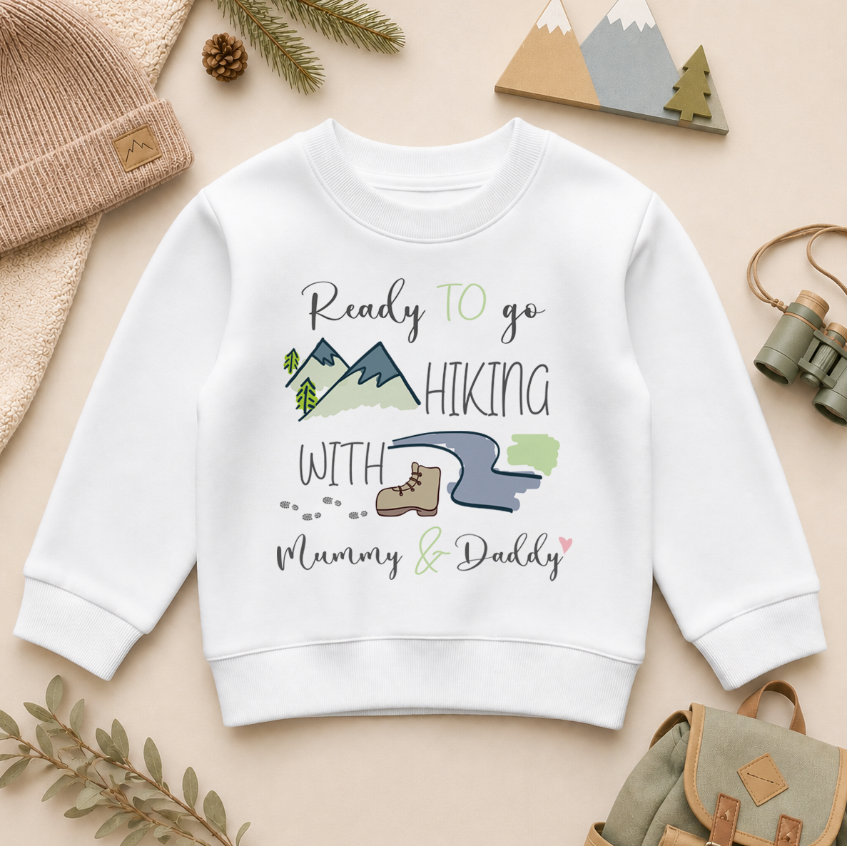Ready to go Hiking With Mummy and Daddy kids sweatshirt with watercolour mountains and hiking boot