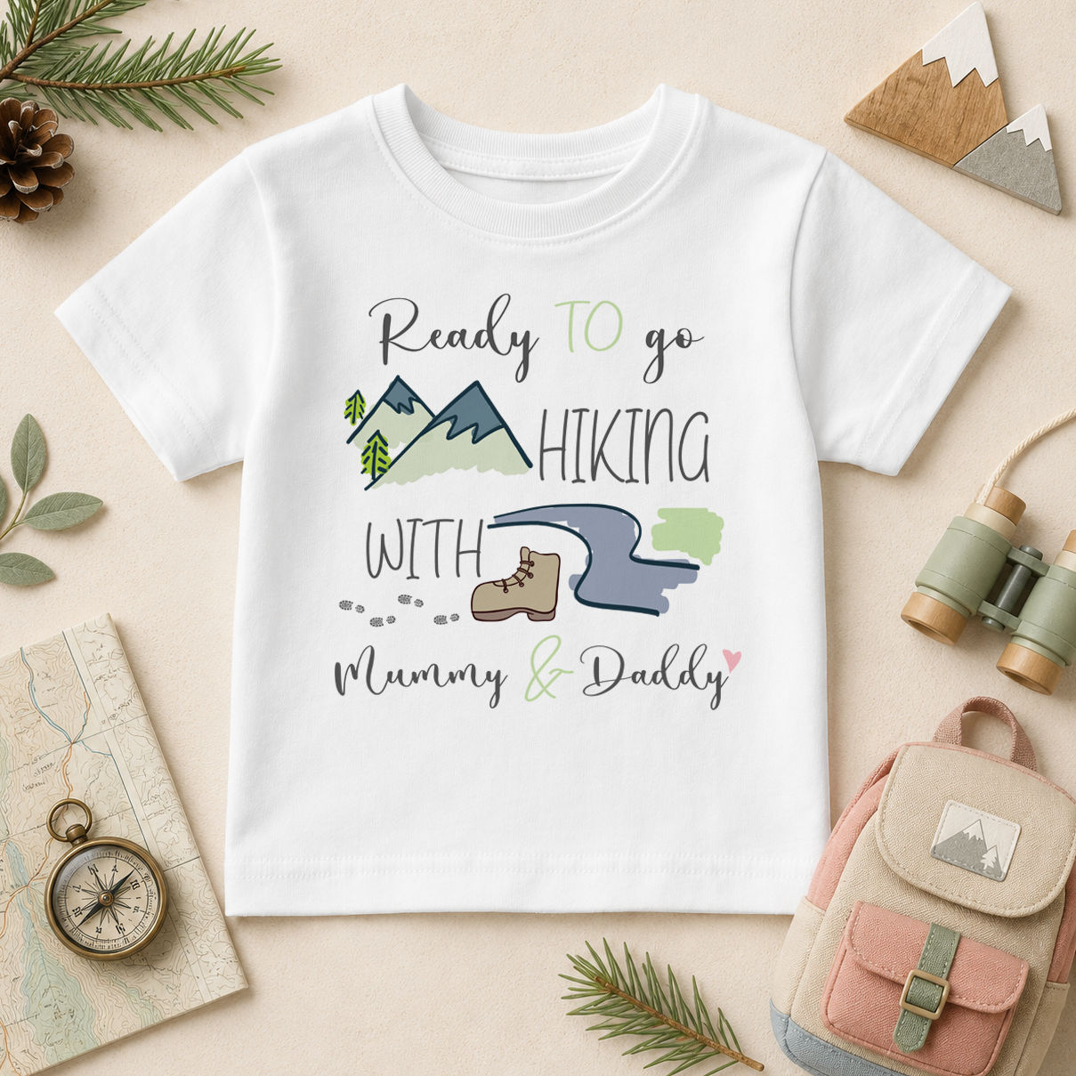 Ready to go Hiking With Mummy and Daddy kids t-shirt with watercolour mountains and hiking boot