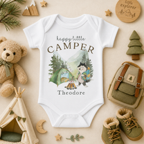 Personalised Camping Baby Vest Bodysuit, Happy Little Camper Watercolour Husky Tent
