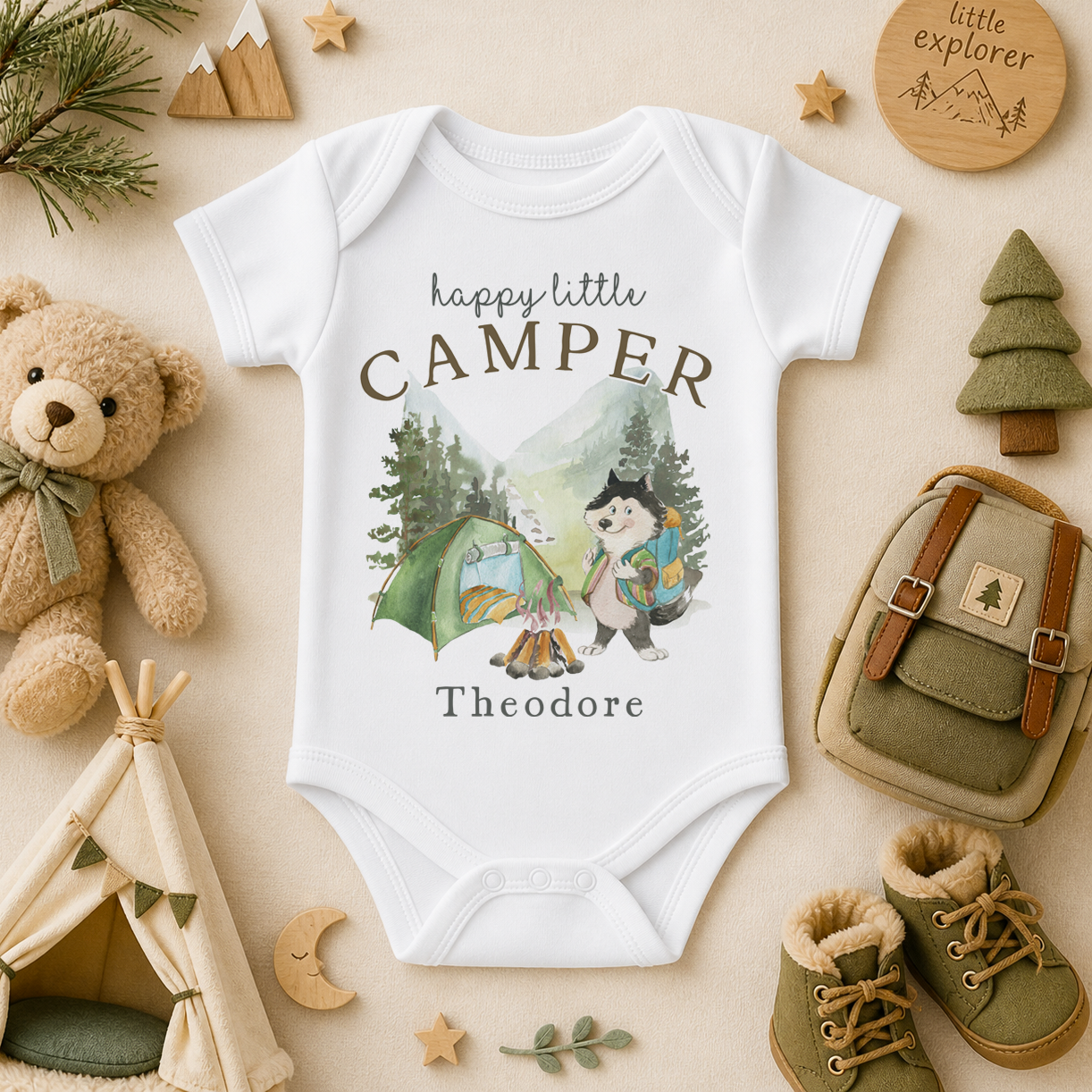 Personalised Camping Baby Vest Bodysuit, Happy Little Camper Watercolour Husky Tent