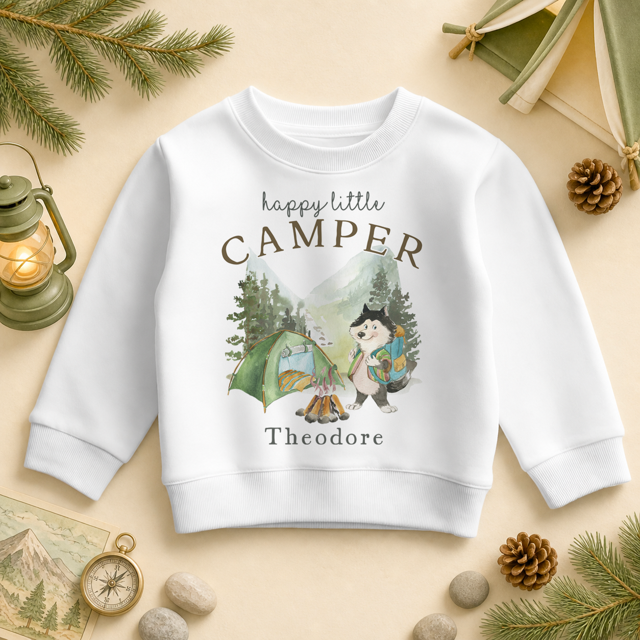 Husky Dog Hiking Buddy Kids Sweatshirt, Watercolour Hiking Mountains