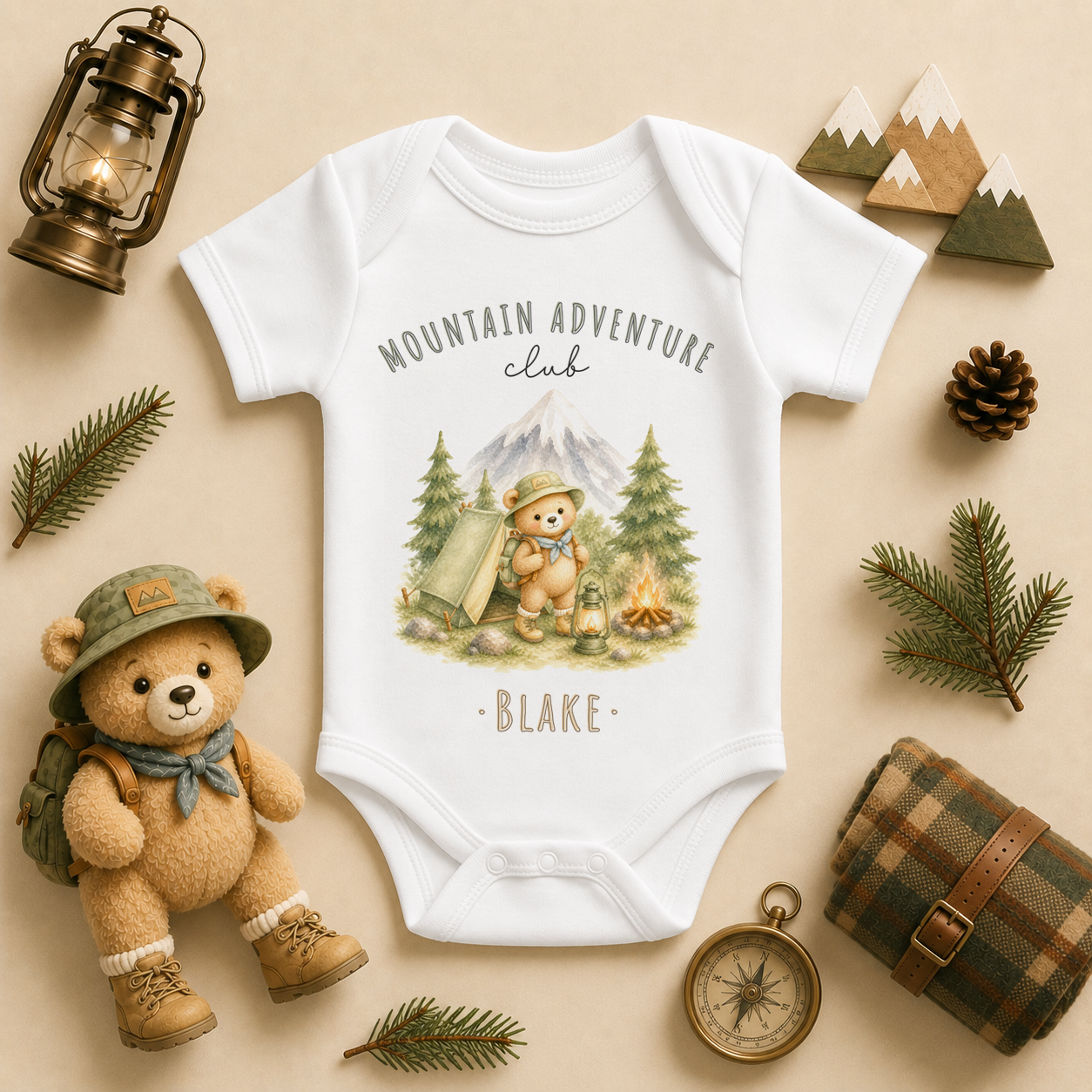 Mountain Adventure Club personalised watercolour baby bodysuit with bear scout and tent