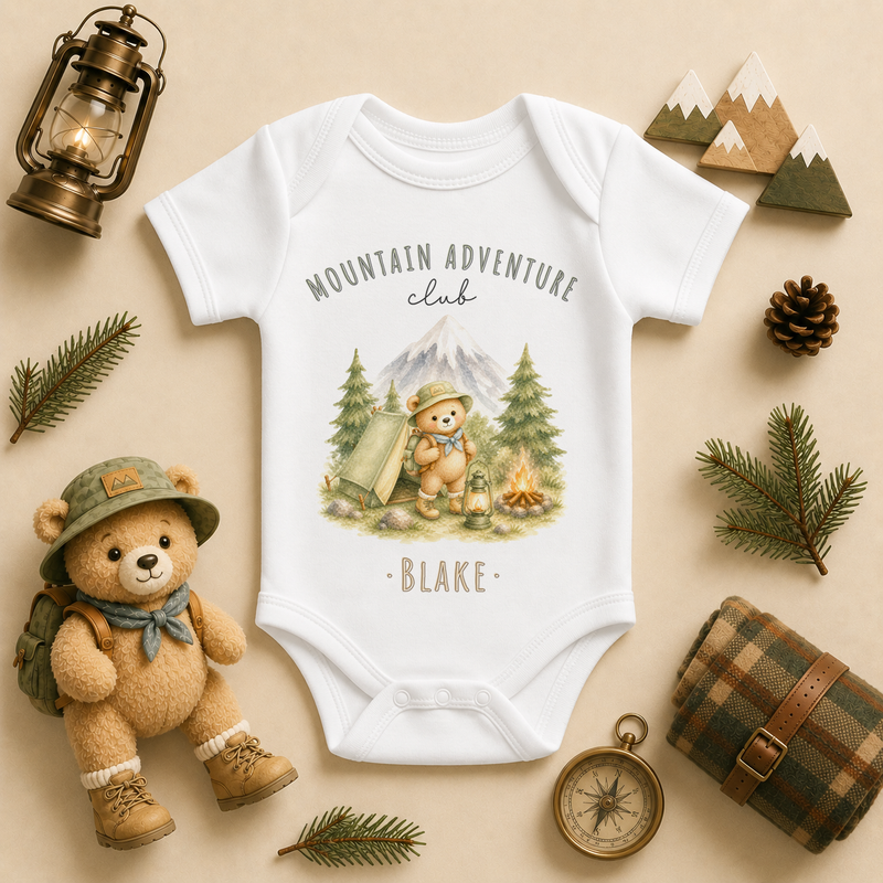 Mountain Adventure Club personalised watercolour baby bodysuit with bear scout and tent