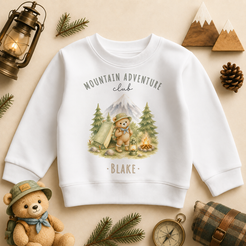 Mountain Adventure Club personalised watercolour kids sweatshirt with bear scout and tent