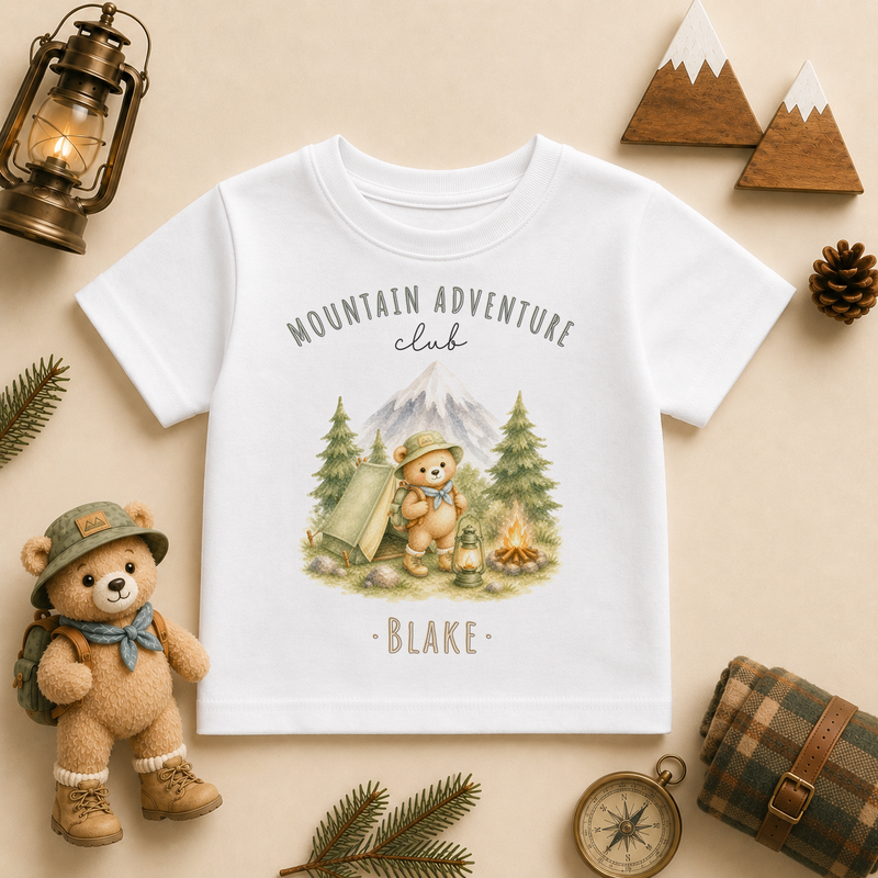Mountain Adventure Club personalised watercolour kids t-shirt with bear scout and tent