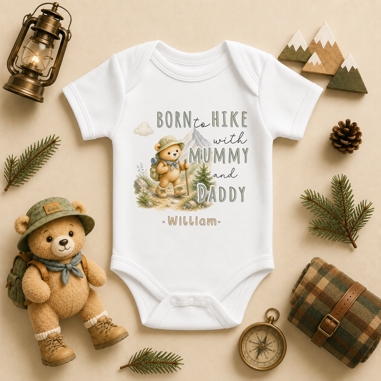Personalised Hiking Baby Vest Bodysuit, Born to Hike With Mummy and Daddy Watercolour Bear