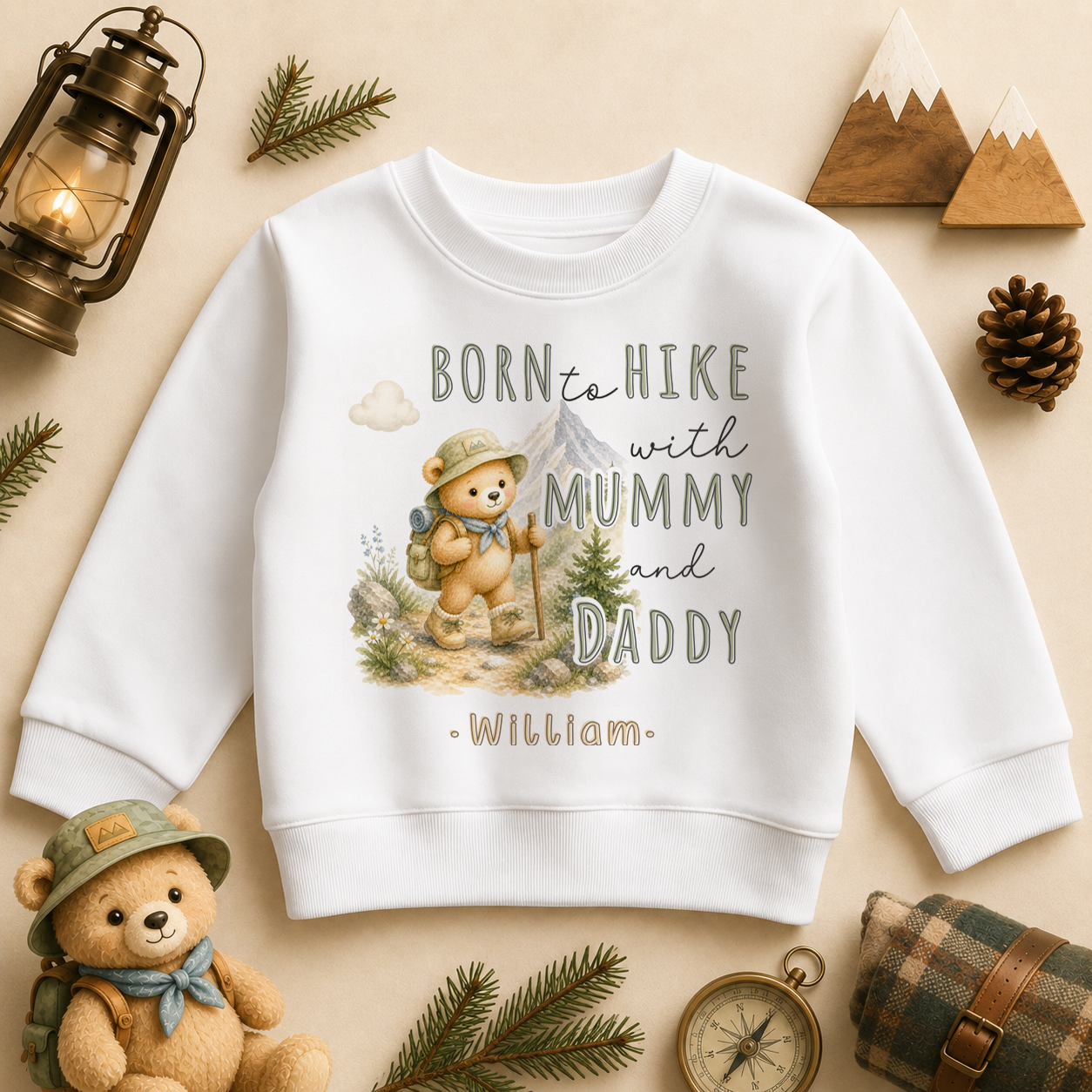 Personalised Hiking Sweatshirt for Toddlers and Kids, Born to Hike With Mummy and Daddy Watercolour Bear