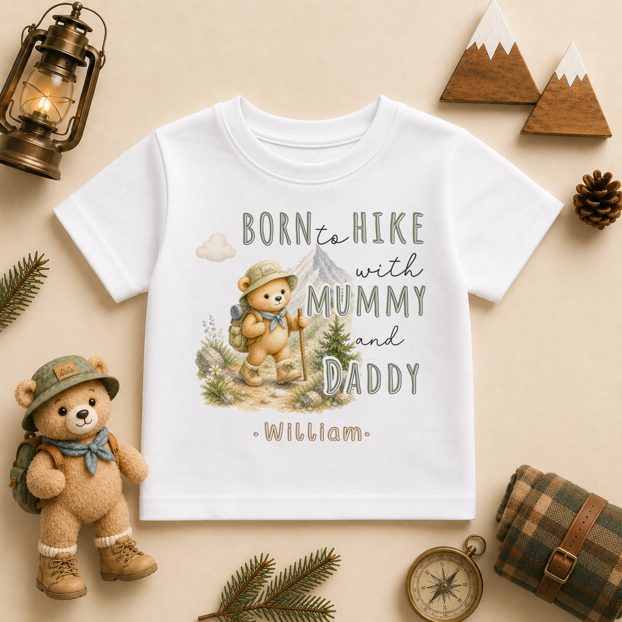 Personalised Hiking T-Shirt for Toddlers and Kids, Born to Hike With Mummy and Daddy Watercolour Bear