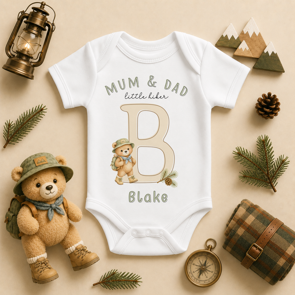 Mum and Dad Little Hiker personalised watercolour baby bodysuit with initial and bear scout