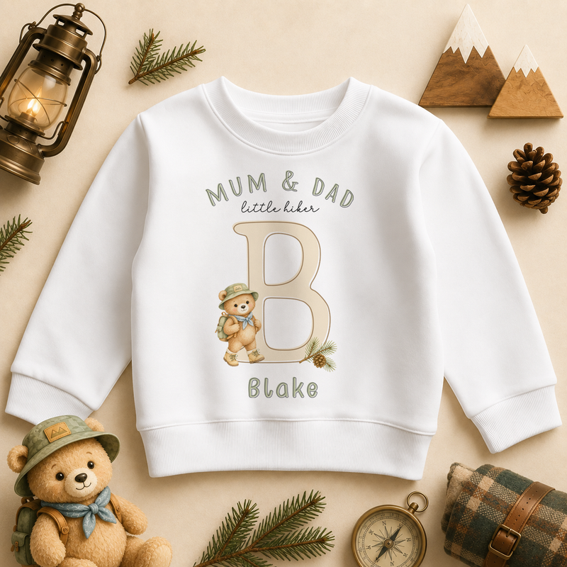 Mum and Dad Little Hiker personalised watercolour kids sweatshirt with initial and bear scout