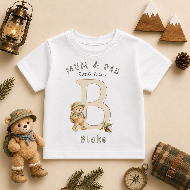 Mum and Dad Little Hiker personalised watercolour kids t-shirt with initial and bear scout