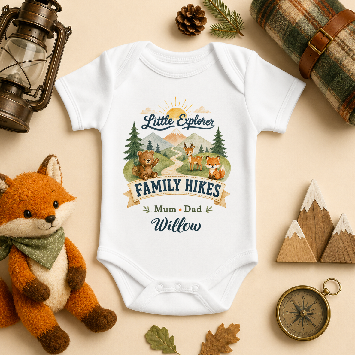 Little Explorer Family Hikes personalised watercolour baby bodysuit with bear, fox and deer