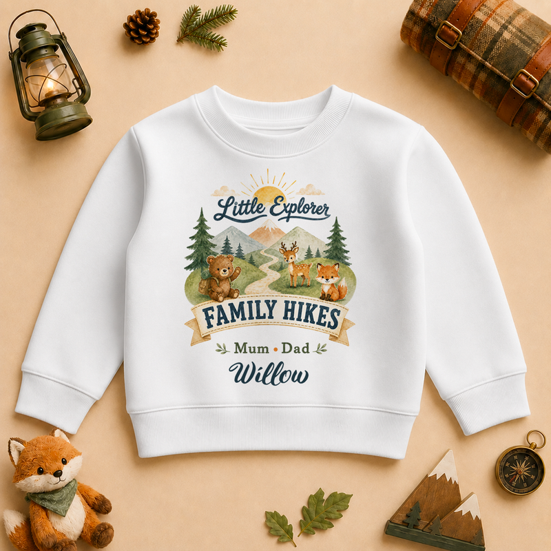 Little Explorer Family Hikes personalised watercolour kids sweatshirt with bear, fox and deer