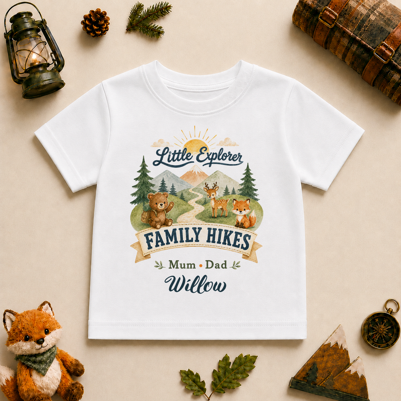 Little Explorer Family Hikes personalised watercolour kids t-shirt with bear, fox and deer