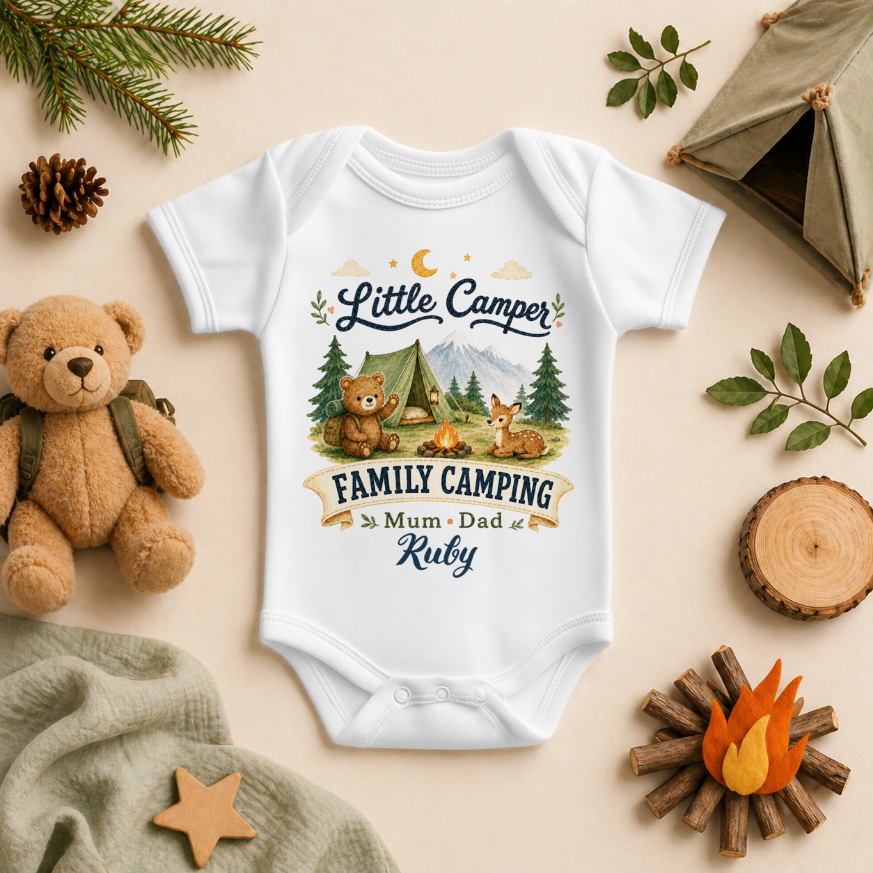 Little Camper Family Camping personalised watercolour baby bodysuit with bear, deer and tent
