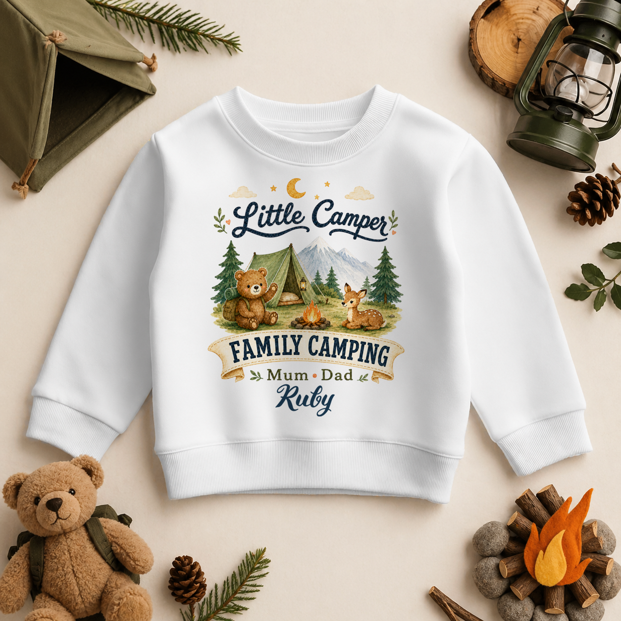 Little Camper Family Camping personalised watercolour kids sweatshirt with bear, deer and tent