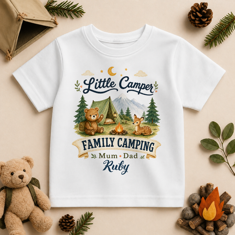 Little Camper Family Camping personalised watercolour kids t-shirt with bear, deer and tent