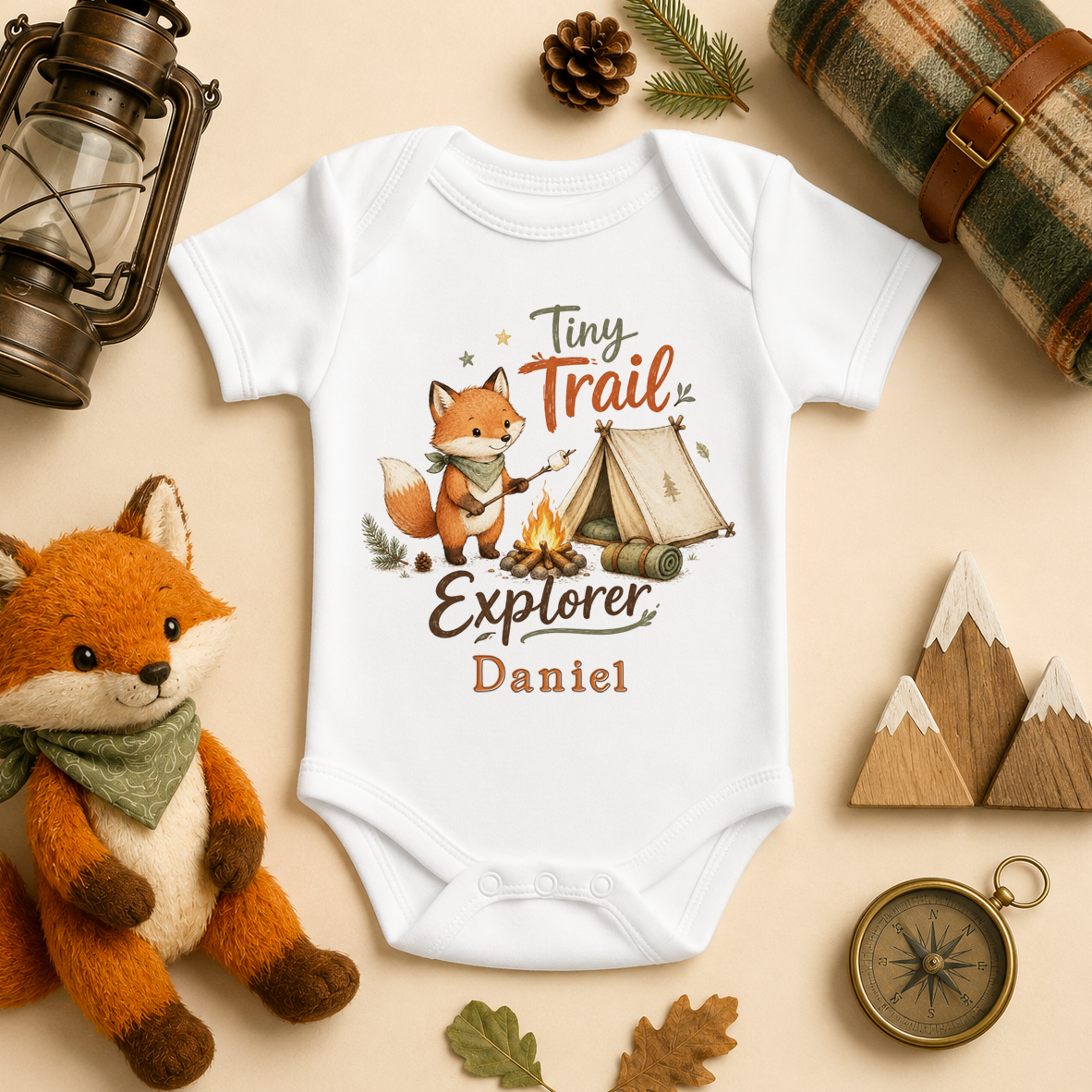 Tiny Trail Explorer personalised watercolour baby bodysuit with fox, tent and campfire