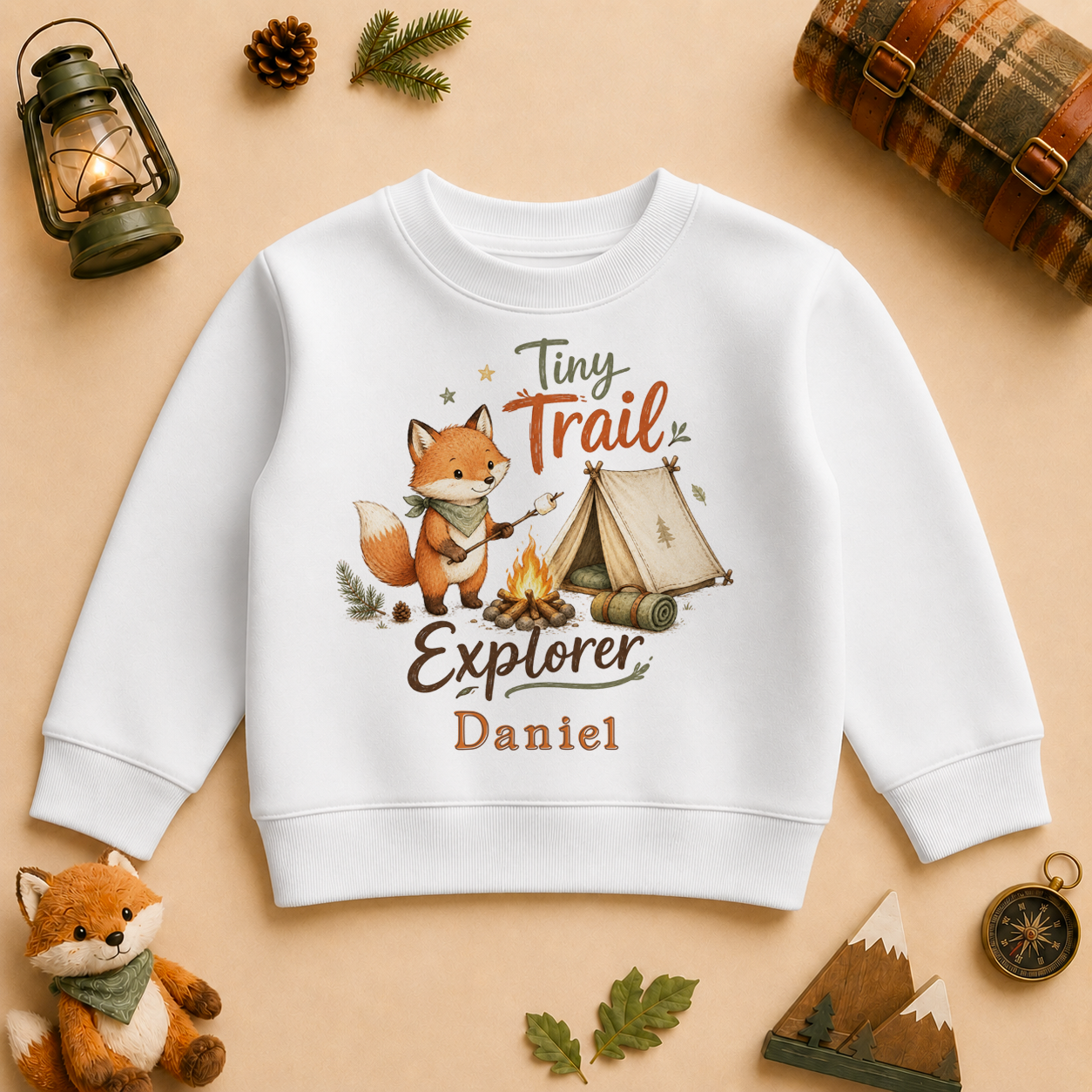 Tiny Trail Explorer personalised watercolour kids sweatshirt with fox, tent and campfire