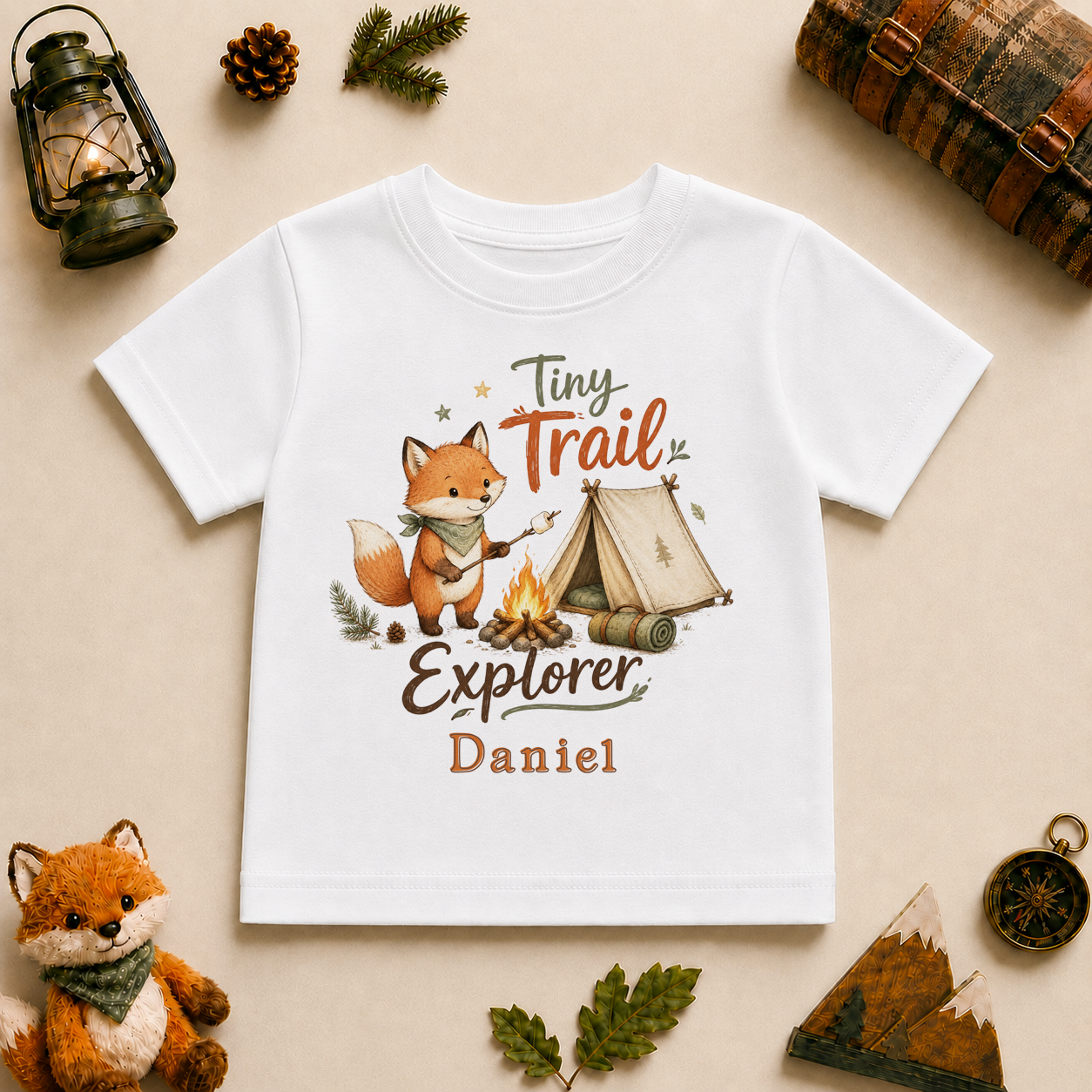 Tiny Trail Explorer personalised watercolour kids t-shirt with fox, tent and campfire