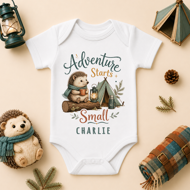 Adventure Starts Small personalised watercolour baby bodysuit with hedgehog and tent