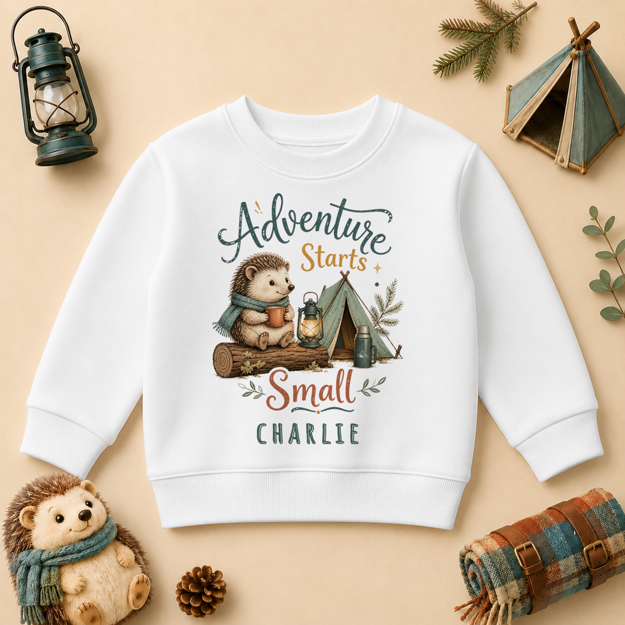 Adventure Starts Small personalised watercolour kids sweatshirt with hedgehog and tent