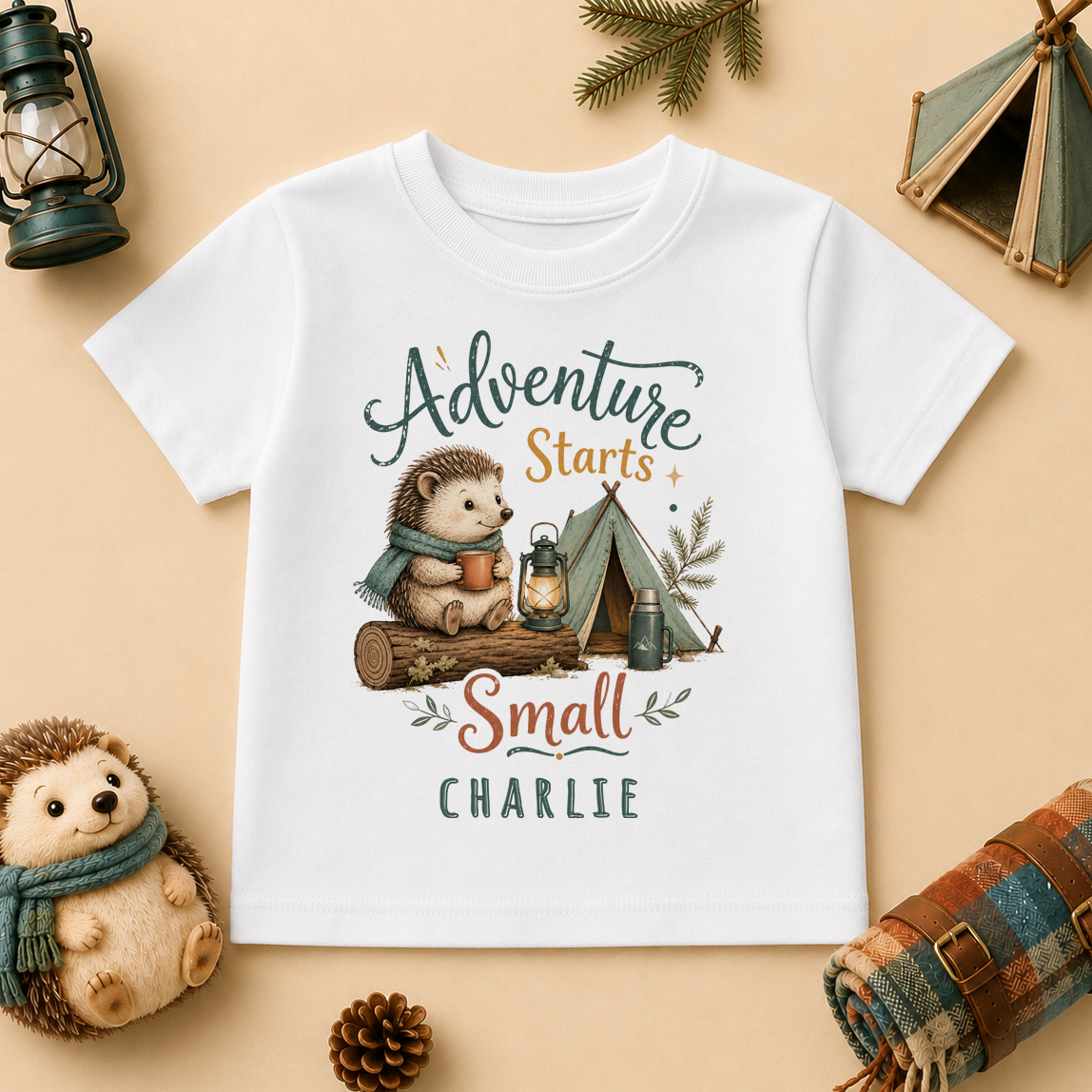 Adventure Starts Small personalised watercolour kids t-shirt with hedgehog and tent