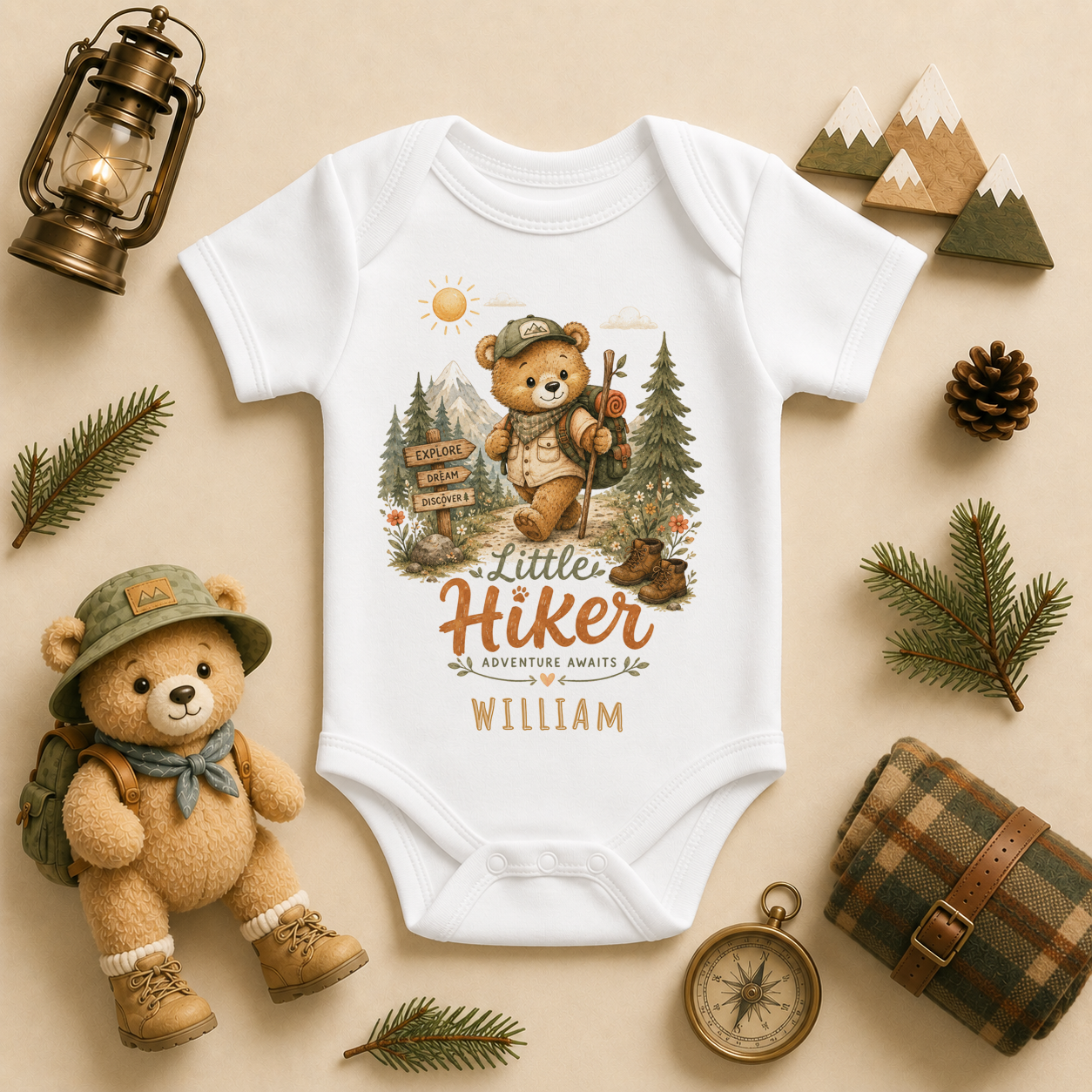 Little Hiker Adventure Awaits personalised watercolour baby bodysuit with bear and backpack