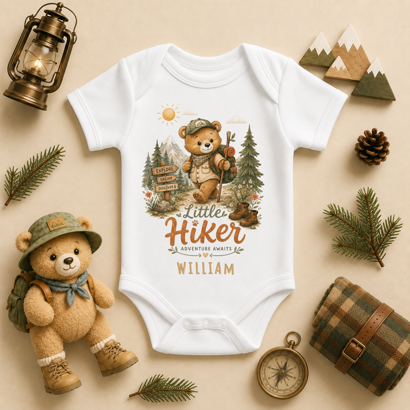 Little Hiker Adventure Awaits personalised watercolour baby bodysuit with bear and backpack