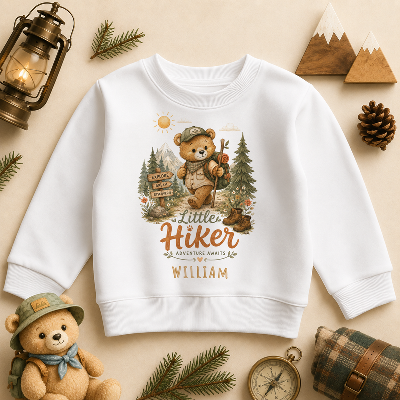 Little Hiker Adventure Awaits personalised watercolour kids sweatshirt with bear and backpack
