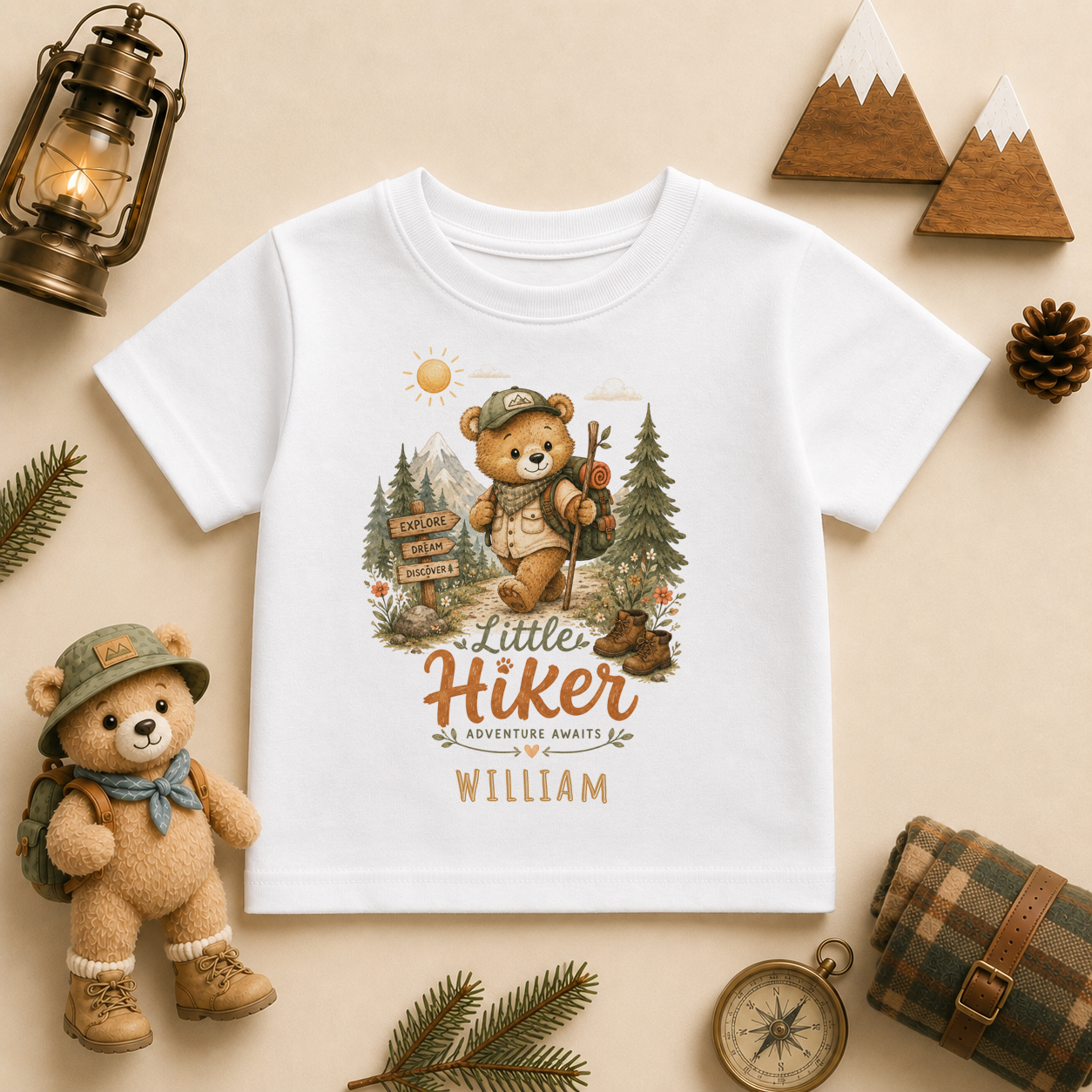 Little Hiker Adventure Awaits personalised watercolour kids t-shirt with bear and backpack