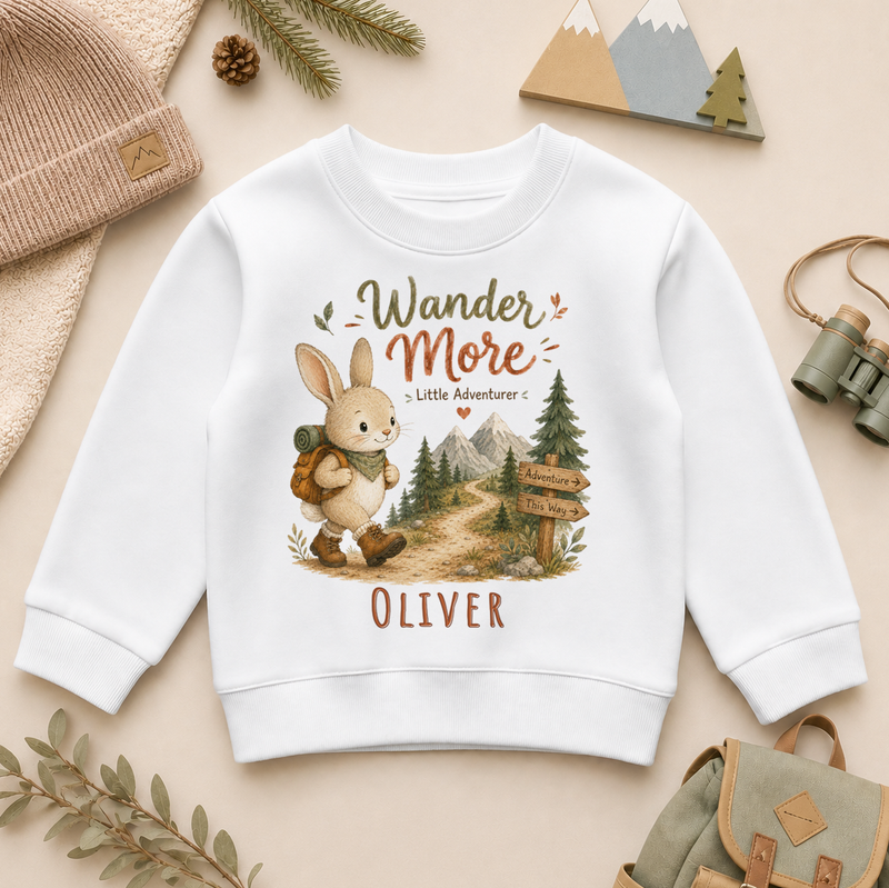 Wander More Little Adventurer personalised watercolour kids sweatshirt with bunny and mountains