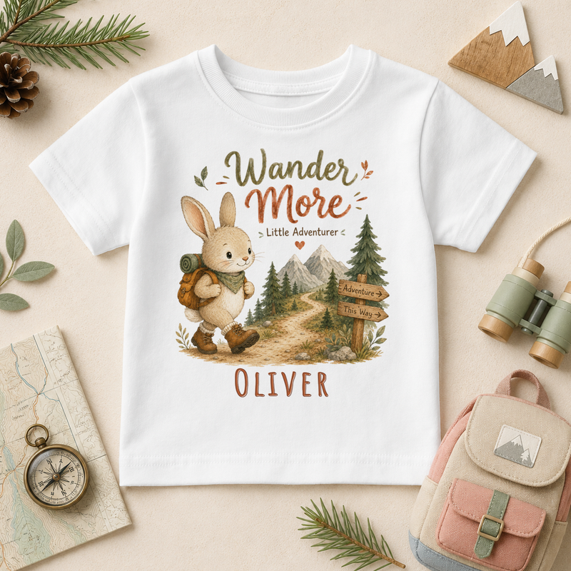 Wander More Little Adventurer personalised watercolour kids t-shirt with bunny and mountains