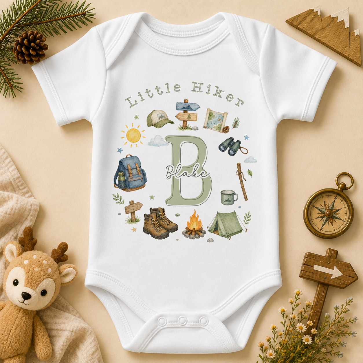 Personalised Little Hiker Camping Gear Initial Letter Baby Vest Bodysuit, Adventure Wreath with Name