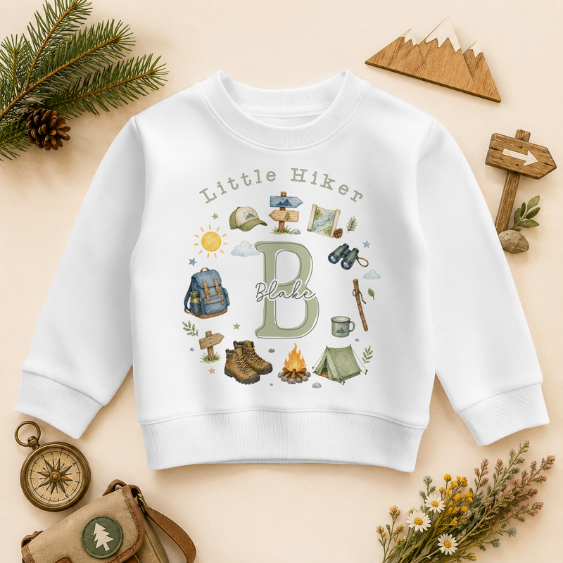 Personalised Little Hiker Camping Gear Initial Letter Kids Sweatshirt, Adventure Wreath with Name