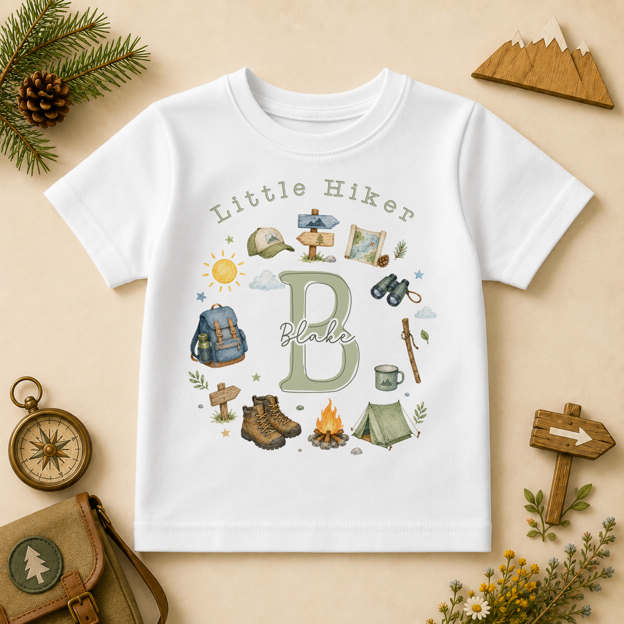 Personalised Little Hiker Camping Gear Initial Letter Kids T-Shirt, Adventure Wreath with Name