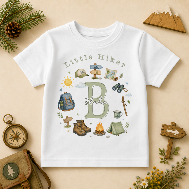 Personalised Little Hiker Camping Gear Initial Letter Kids T-Shirt, Adventure Wreath with Name