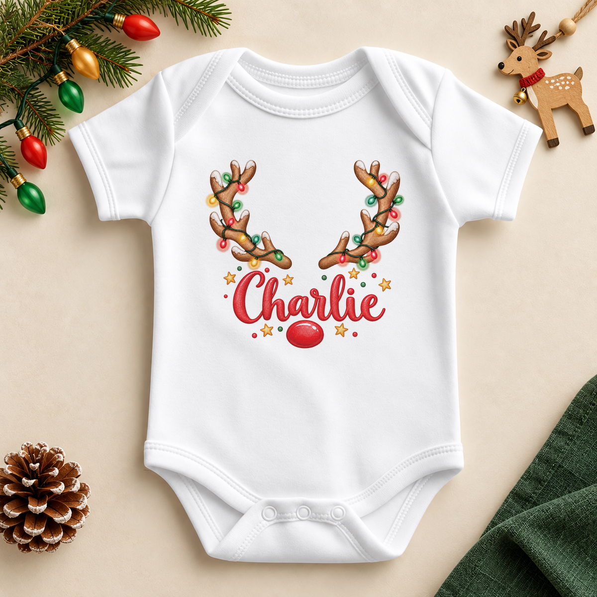 Personalised Name Baby Bodysuit Christmas Reindeer Antlers Colourful Lights Red Nose for Newborn Shower Gift. Example name shown.