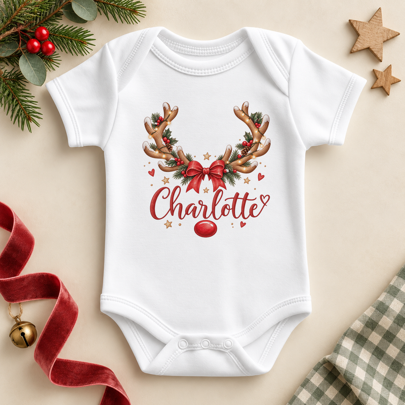 Personalised Name Baby Bodysuit Christmas Reindeer Antlers Red Bow Nose Script Lettering for Newborn Shower Gift. Example name shown.