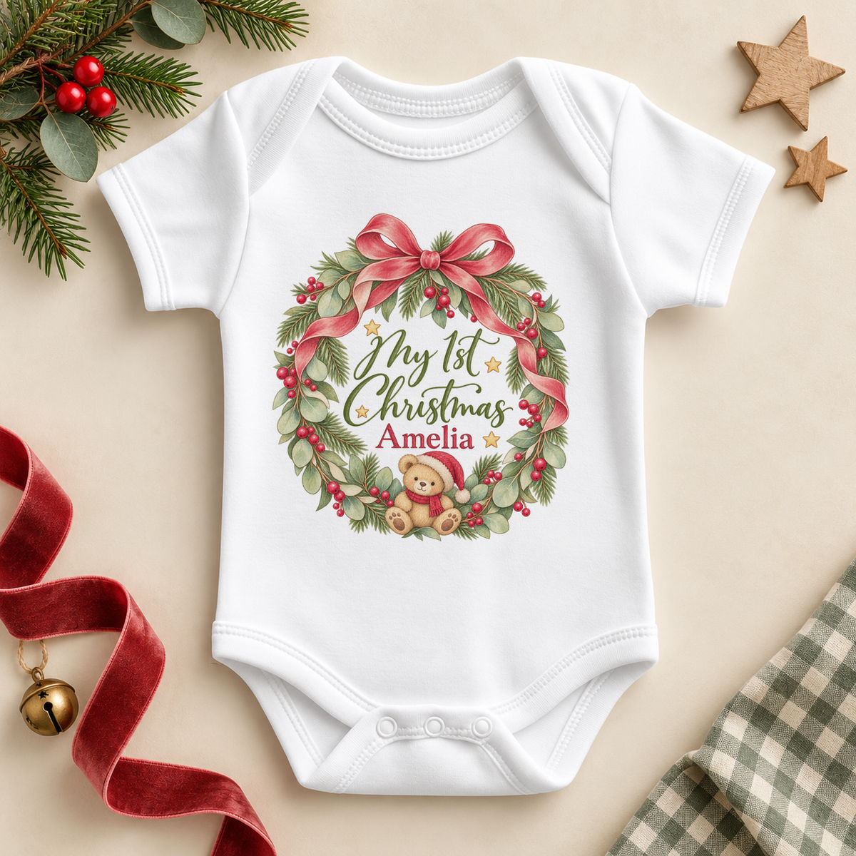 Personalised Name Baby Bodysuit My 1st Christmas Holly Wreath Red Bow Berry Script for Newborn Shower Gift. Example name shown.