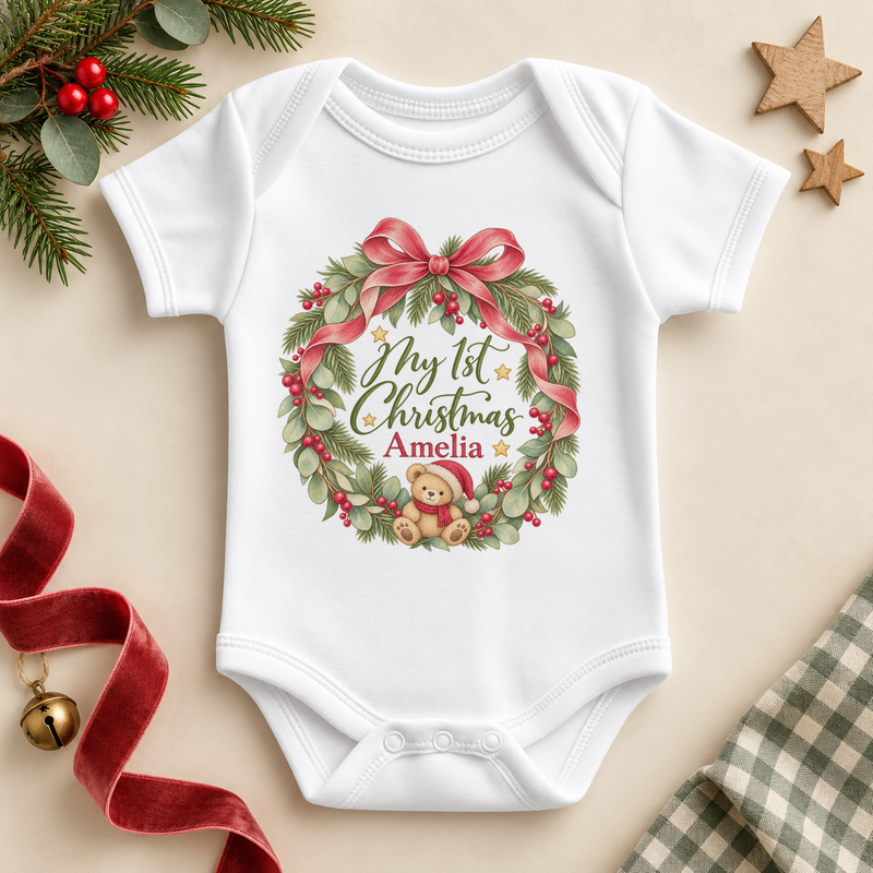 Personalised Name Baby Bodysuit My 1st Christmas Holly Wreath Red Bow Berry Script for Newborn Shower Gift. Example name shown.