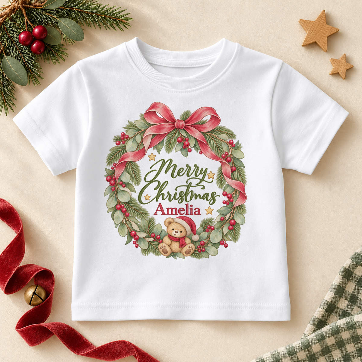 Personalised Name Kids T-Shirt Merry Christmas Wreath Red Bow Holly Berries Pine Leaves Script Christmas Gift. Example name shown.