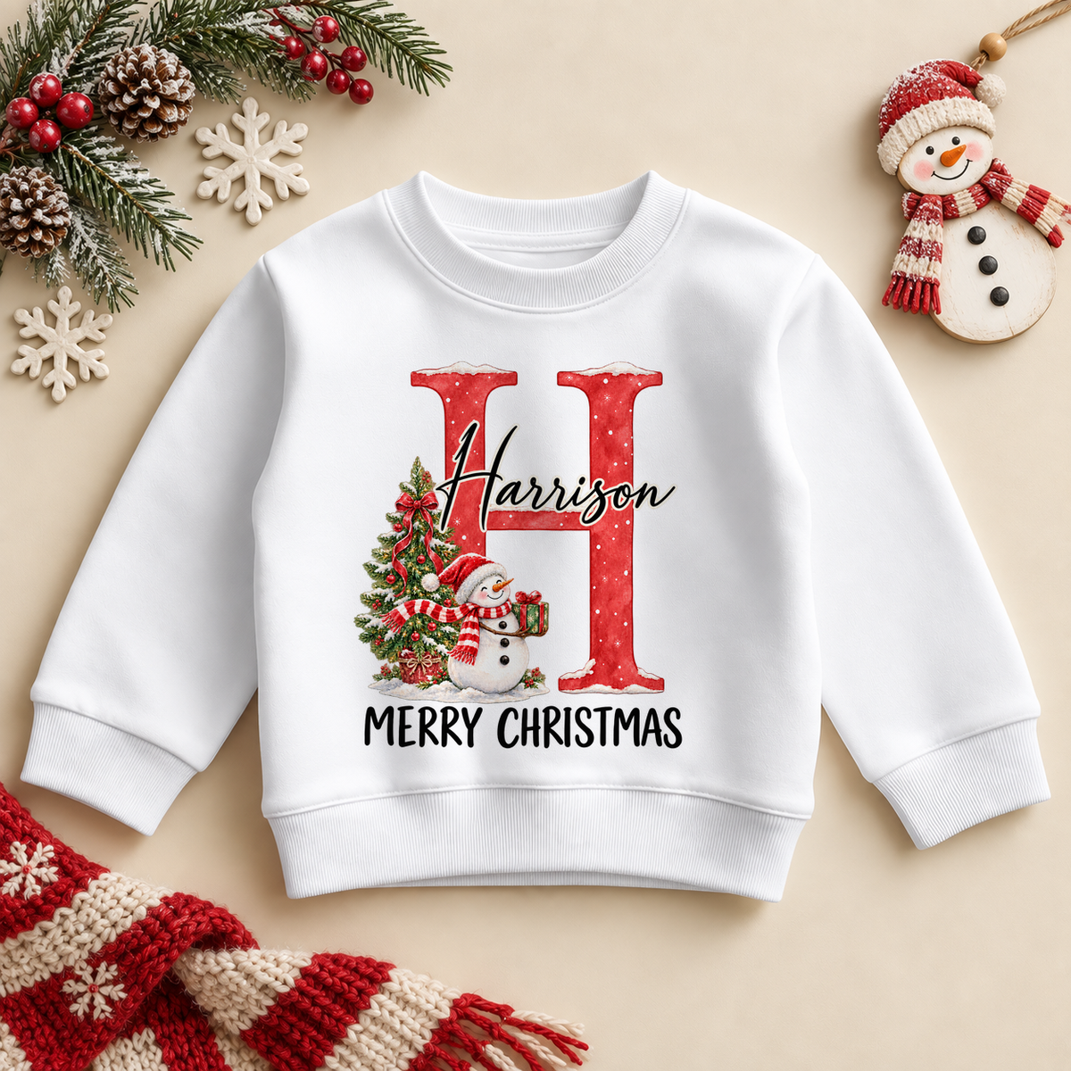 White children’s sweatshirt. The print features a red initial beside a snowman and a decorated Christmas tree.