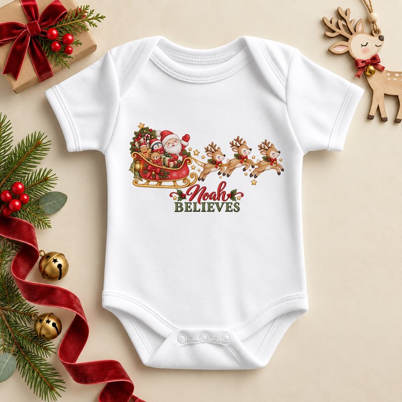 Personalised Christmas Name Baby Bodysuit Believes Santa Sleigh Reindeer Script Lettering for Newborn Shower Gift. Example name shown.