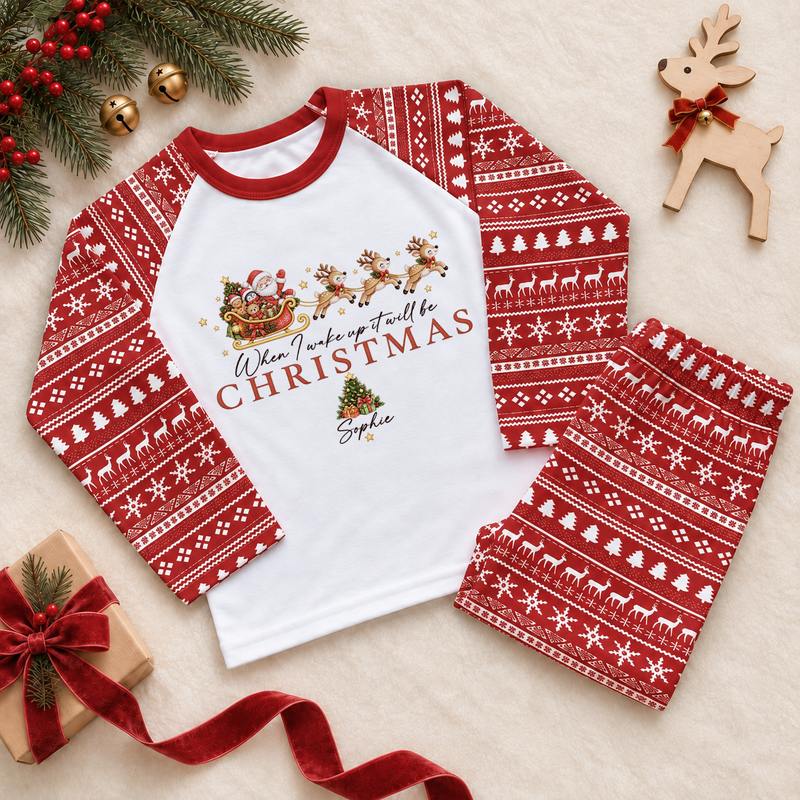 Personalised Name Kids Pyjamas Christmas Santa Sleigh Reindeer Stars Script Lettering Christmas Gift. Example name shown.