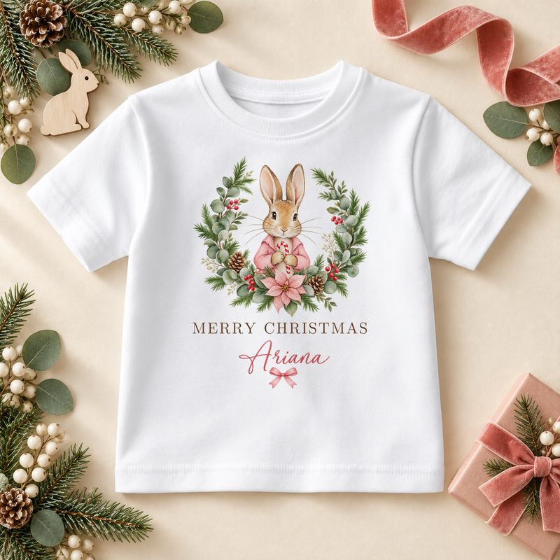 White children’s T-shirt. The print features a pink-coated bunny framed by a leafy festive wreath and soft pink flowers.