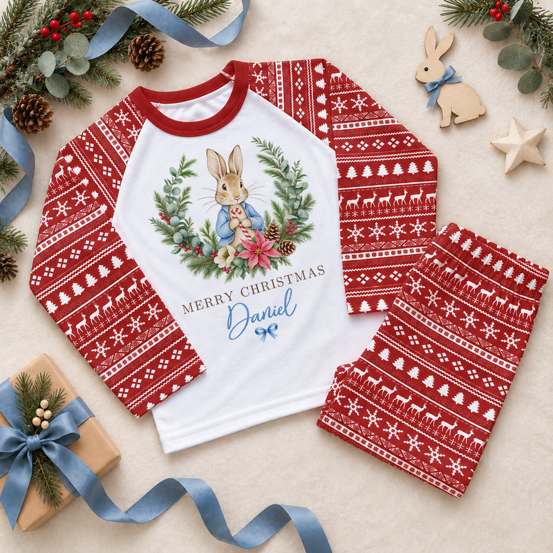 Red and white Christmas pyjama set with a blue-coated bunny framed by a festive wreath with flowers and berries. Merry Christmas wording. Example personalisation shown.