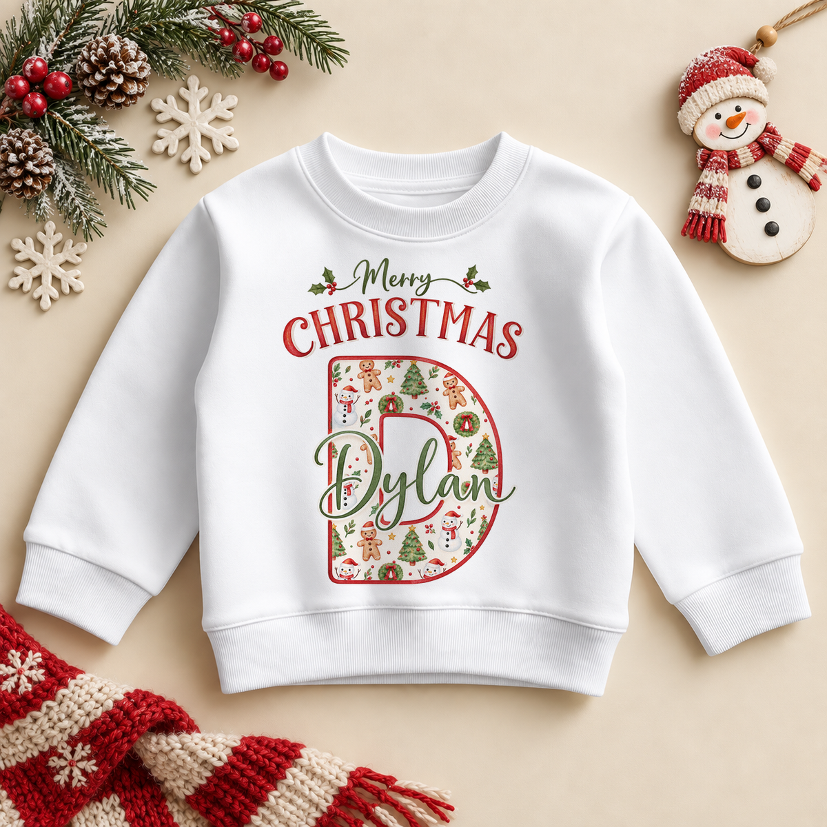 White children’s sweatshirt. The print features a cream initial filled with little festive motifs and outlined in red.