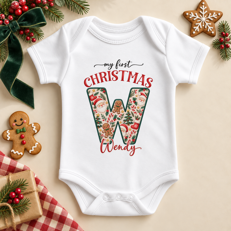 White baby bodysuit. The print features a cream initial filled with Santa, gingerbread and Christmas greenery.